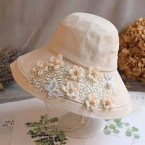 帽子女夏防晒遮阳太阳帽仙美欧根纱刺绣蝴蝶花朵棉麻沙滩大檐布帽