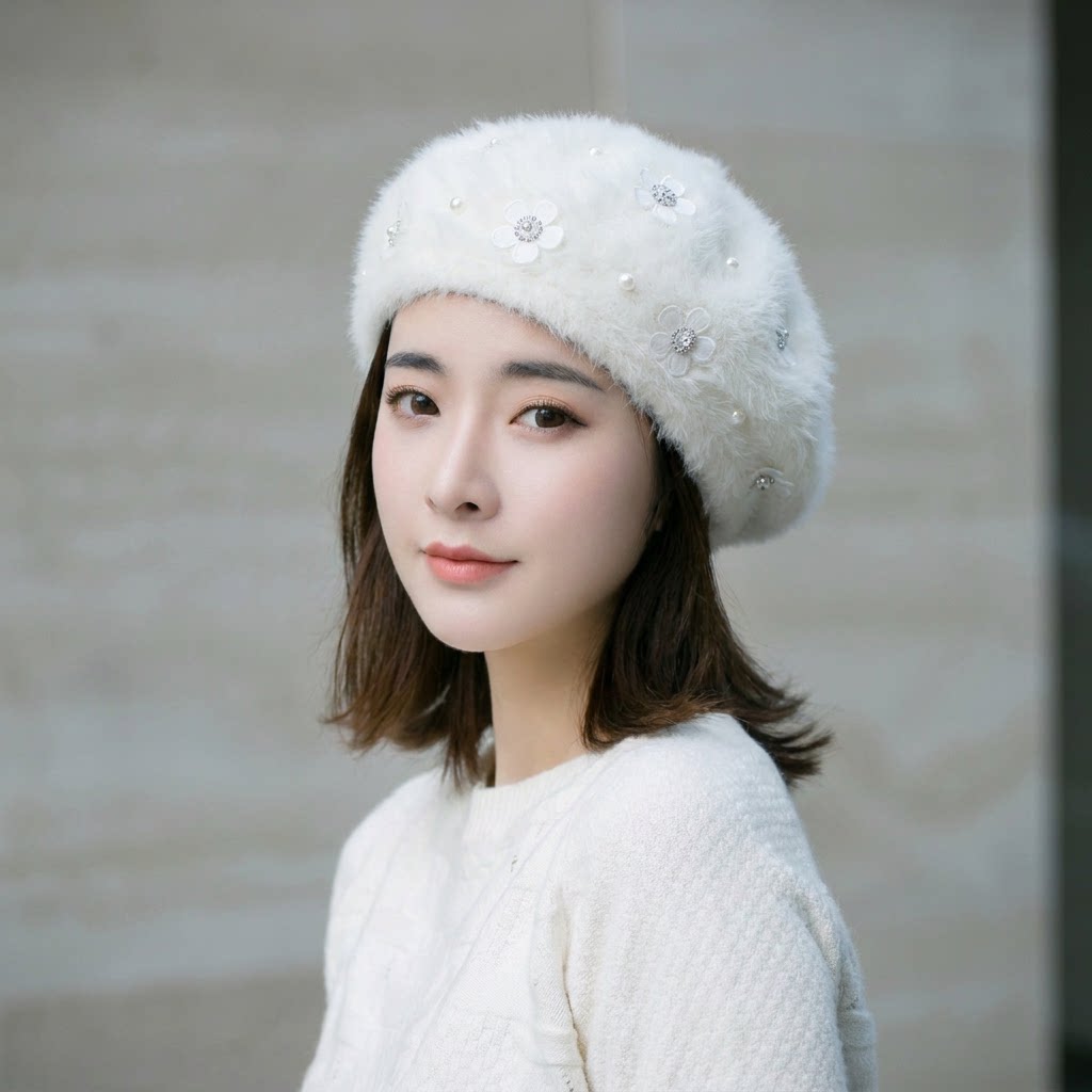 帽子仙女真兔毛白色珍珠花朵画家