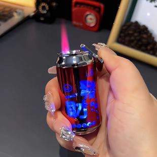 迷你易拉罐造型粉色火焰打火机精致防风透明机身发光带灯图案可爱