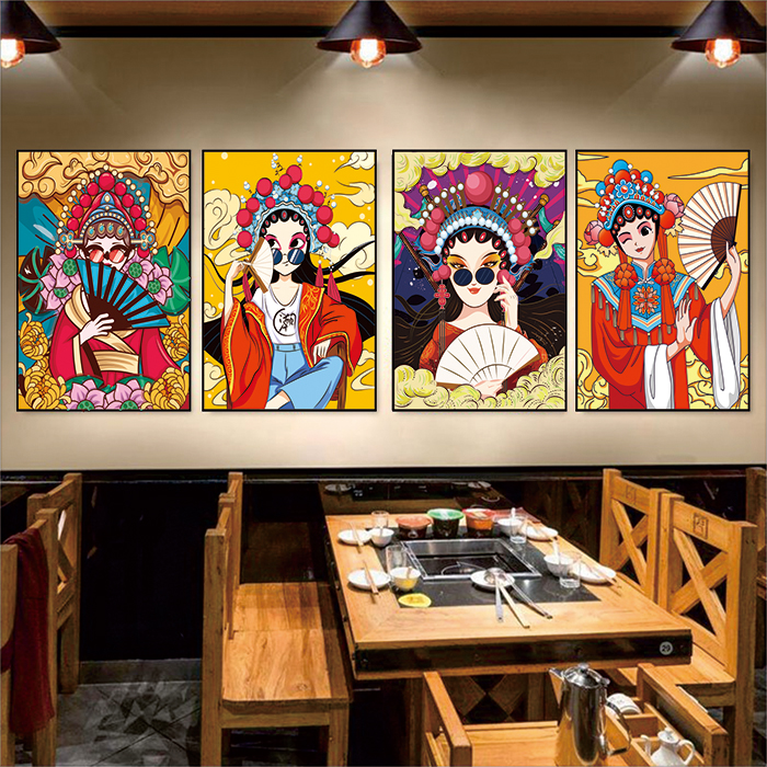 餐厅火锅店墙面装饰时尚手绘高端京剧国潮插画传统戏曲美女人物图图片