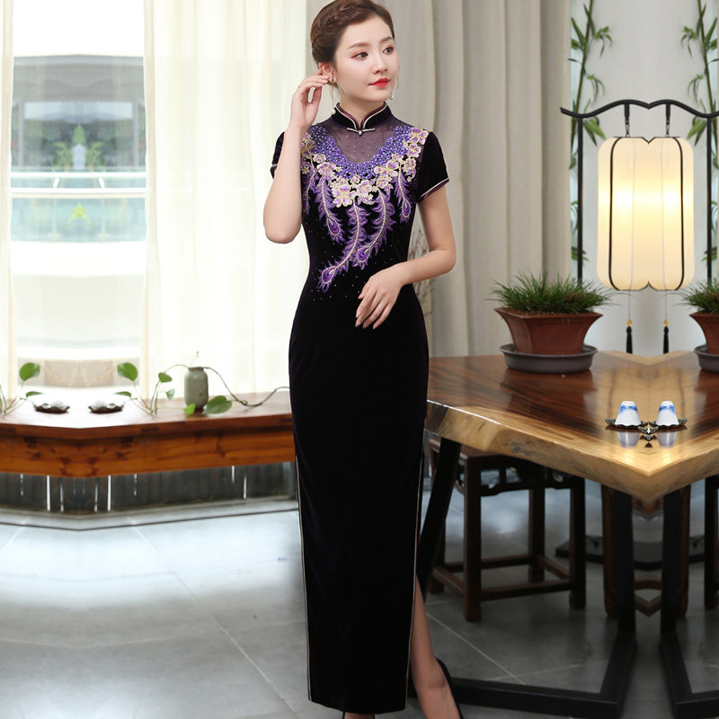 弹力丝绒裙春秋款走秀妈妈装婚宴婚庆岳母妈妈婆婆旗袍礼服裙