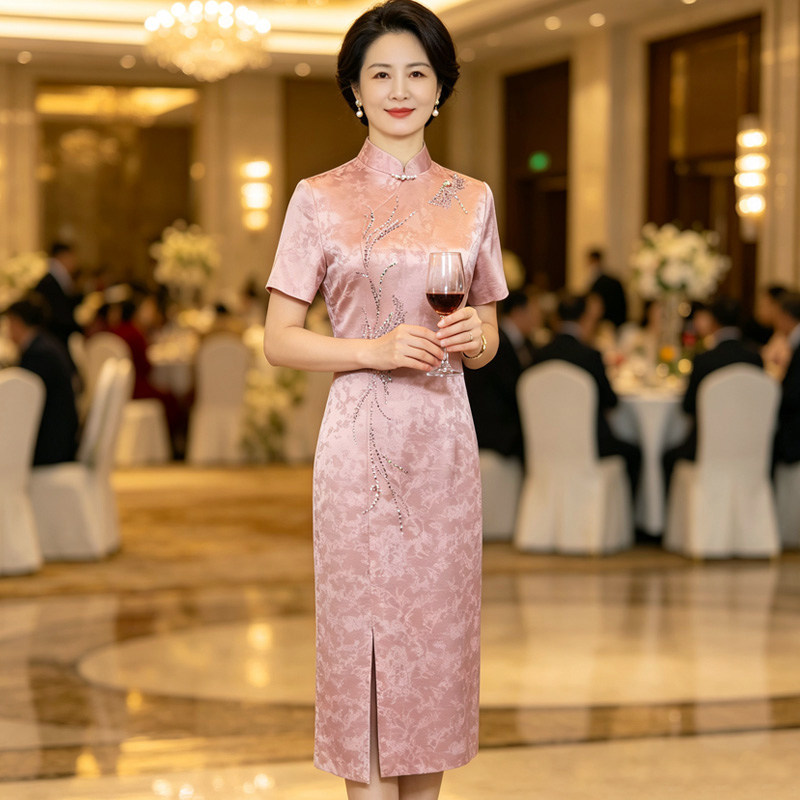 喜婆婆妈妈提花醋酸新款爆款婚宴场合女装中长旗袍气质丈母娘礼服