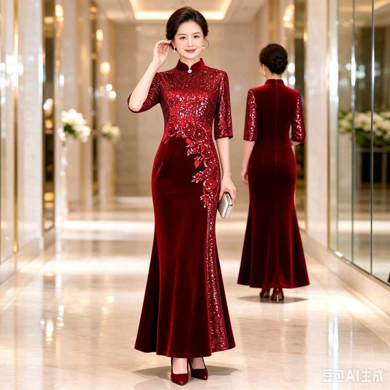 秋冬喜妈妈婚礼服裙鱼尾旗袍裙