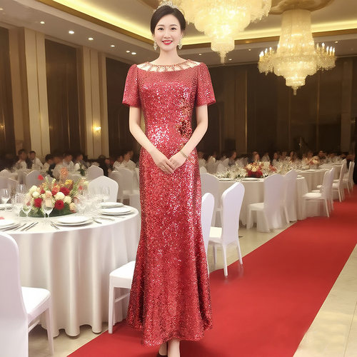 亮片鱼尾款喜妈妈喜婆婆婚宴礼服
