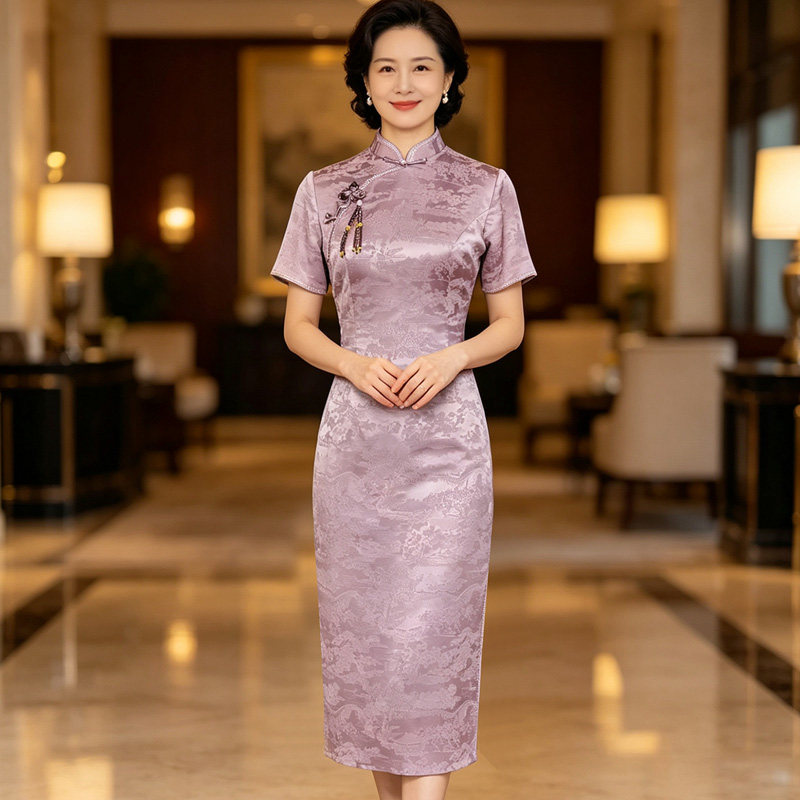 喜婆婆婚宴装后开叉旗袍
