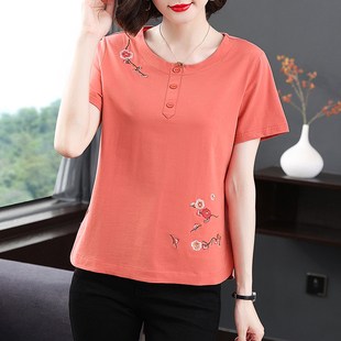 民族风夏装洋气妈妈纯棉短袖t恤中老年绣花半袖宽松大码女款上衣