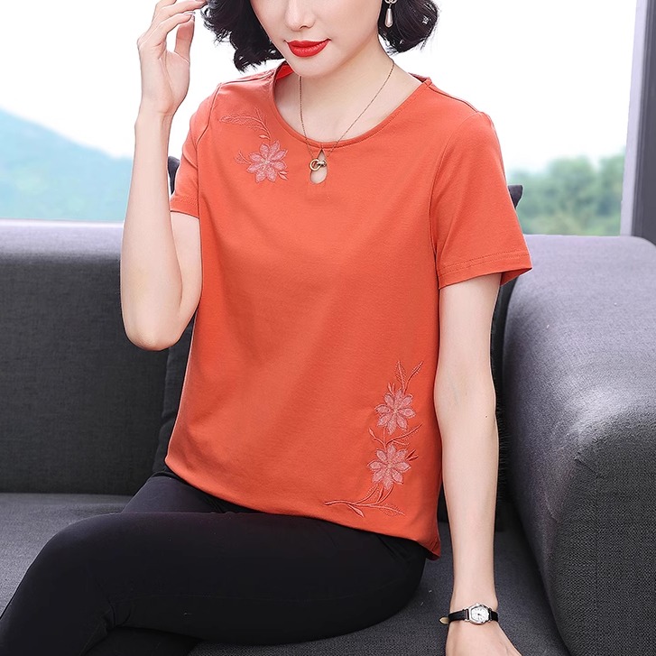 洋气妈妈纯棉短袖t恤女2025夏装新款宽松修身中老年女装小衫上衣
