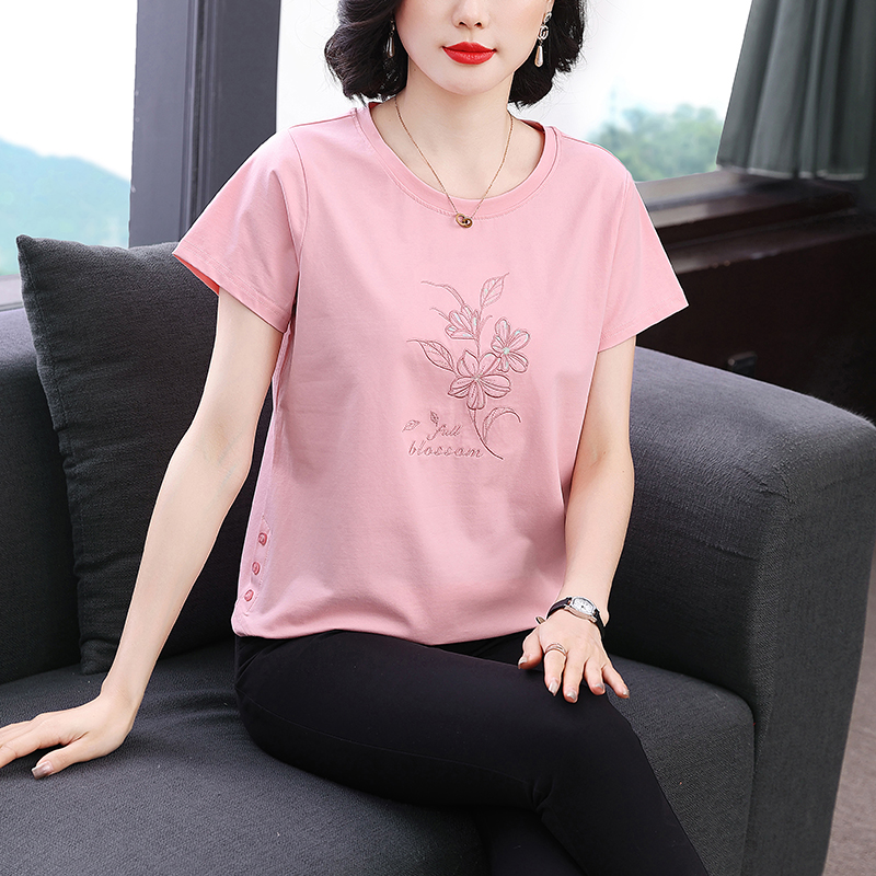 洋气妈妈纯棉短袖t恤女2025夏装新款宽松中老年女装女士小衫上衣