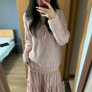 杰娃娃大码女装胖妹妹mm秋季显瘦套装粉色气质针织上衣A字半身裙