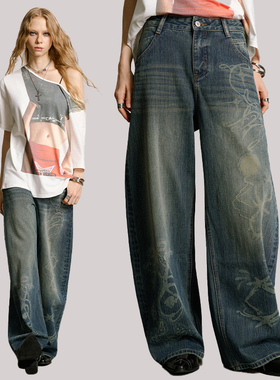 uss复古水洗做旧牛仔裤女宽松直筒阔腿拖地长裤子高腰显瘦慵懒风