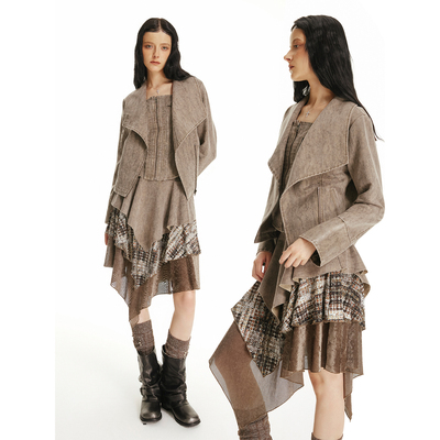 USS 喇叭袖麂皮外套女大翻领不对称拉链复古辣妹修身显瘦短款上衣