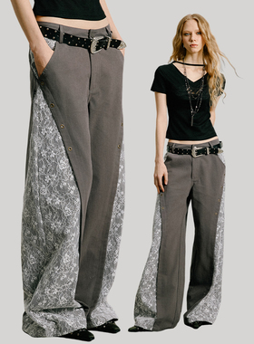 uss辣妹蕾丝拼接设计阔腿裤女新款高腰显瘦直筒拖地休闲长裤
