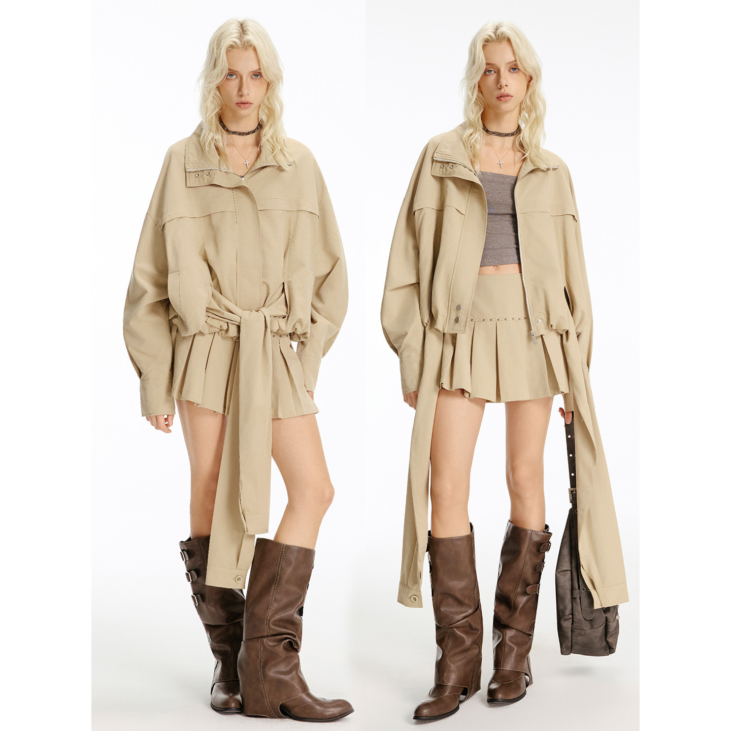 USS 工装风两件套女秋季卡其色莱赛尔风衣绑带外套铆钉百褶裙套装