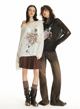 USS 超爽竹节麻毛针织衫破洞蜘蛛印花宽松透视酷飒毛边套头毛衣