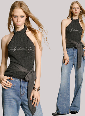 uss新款美式复古辣妹挂脖露肩系带修身上衣内搭法式绝美重工背心