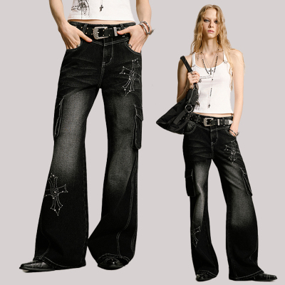 uss新款十字架水洗小众设计感口袋阔腿微喇叭牛仔裤女美式显瘦ins