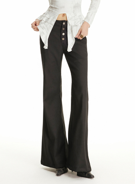 USS 垂坠感黑色喇叭裤高腰单排扣设计感复古显瘦阔腿辣妹风休闲裤