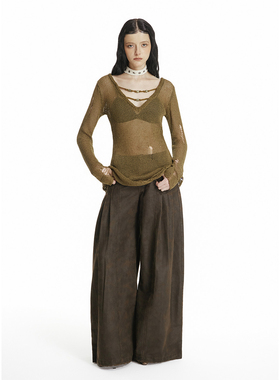 USS破洞透视针织上衣女秋季个性镂空设计感微透长袖辣妹风罩衫