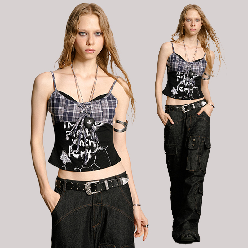 uss新款美式复古格纹拼接撞色背吊带心女小众露背绑带上衣纯欲风