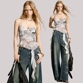 新款 法式 小众甜辣短款 uss夏装 荷叶边吊带背心女修身 显瘦上衣磨白