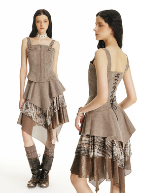 USS 麂皮套装女复古做旧吊带上衣不规则半身裙两件套潮搭时尚套装