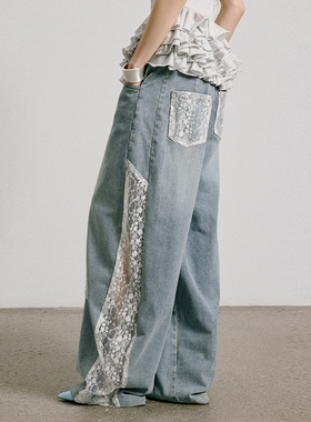 uss原创设计蕾丝拼接大喇叭牛仔裤女高腰宽松直筒阔腿拖地长裤