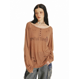 上衣 长袖 USS 泼墨印花T恤女纽扣半开领宽松落肩做旧复古慵懒秋款