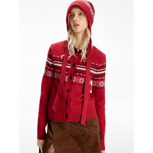 USS 红色费尔岛提花毛衣女秋羊剪绒毛织复古图案宽松保暖针织开衫