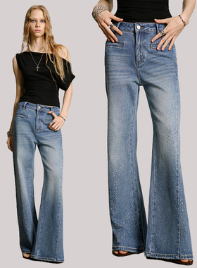 uss新款烫钻牛仔裤女高腰显瘦显高微喇叭阔腿长裤水洗浅色重工