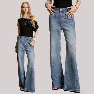 uss新款烫钻牛仔裤女高腰显瘦显高微喇叭阔腿长裤水洗浅色重工