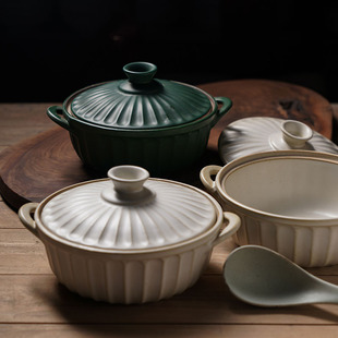 粗陶做旧风带盖汤碗家用陶瓷餐具大号泡面碗菊皿条纹双耳深碗 日式