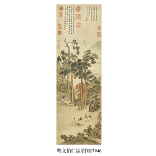 明文伯仁品茶图古代山水画卷轴文人国画字画复制品仿古画玄关挂画