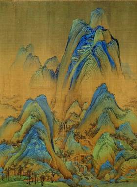 宋王希孟千里江山图背景墙新中式玄关古画卷轴中堂仿古画书房壁画