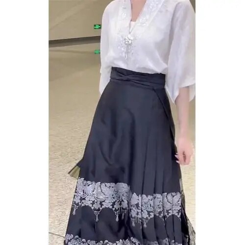 2-300斤加大码国风改良汉服马面裙女套装夏薄款胖mm新中式半身裙