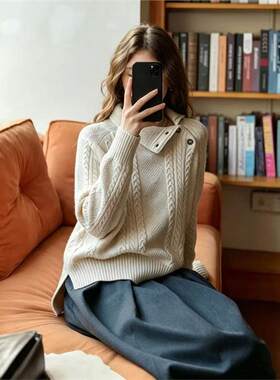 秋冬加厚纯羊毛衫斜襟翻领毛衣女高领针织衫前短后长长袖打底