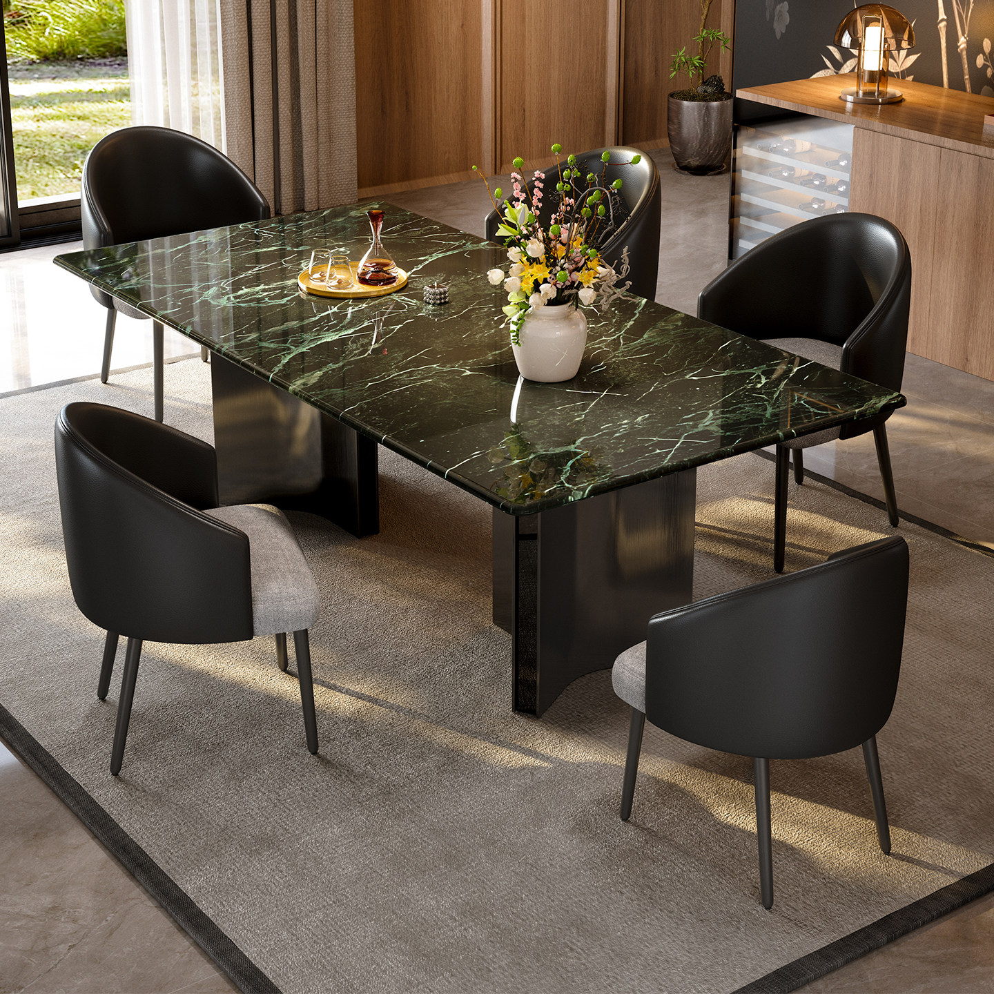 进口大花绿天然奢石高端餐桌大理石普拉达绿奢石餐桌极简高端餐桌