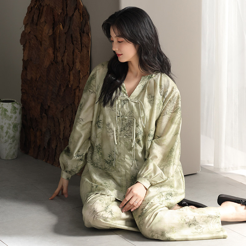 睡衣女春秋长袖冰丝国风水墨夏宽松高级感轻奢丝绸家居服套装妈妈