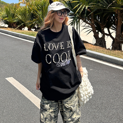 美式复古钉珠字母短袖t恤