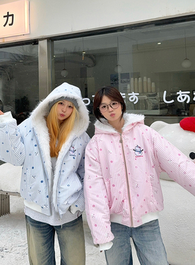 XKSHUO原创秋冬可爱条纹雪人毛绒棉袄连帽棉衣棉服夹棉加厚外套女