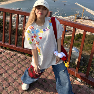 XKSHUO潮牌手绘涂鸦短袖T恤男女夏季情侣款美式高街半袖tee
