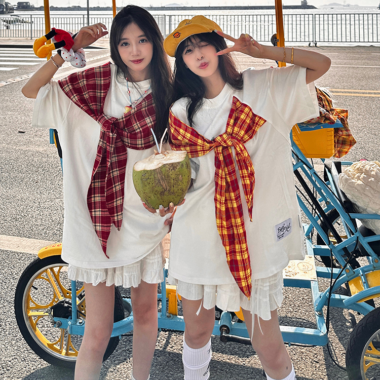 美式复古蝴蝶结格子绑带短袖
