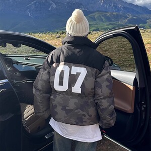 XKSHUO美式复古情侣迷彩拼接数字球衣潮流棉服男女面包宽松棉衣