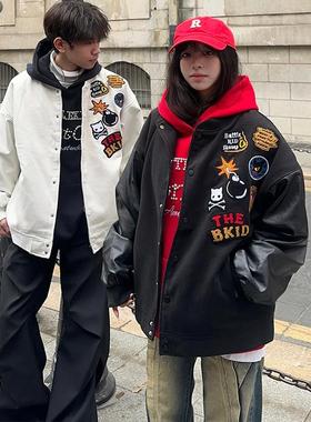 XKSHUO国潮牌美式棒球服皮袖夹克男女春季情侣刺绣涂鸦外套