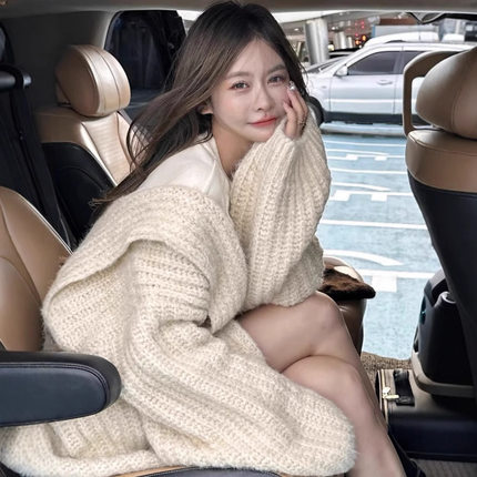add慵懒风毛衣外套女秋冬2024新款宽松中长款针织开衫加厚开衫
