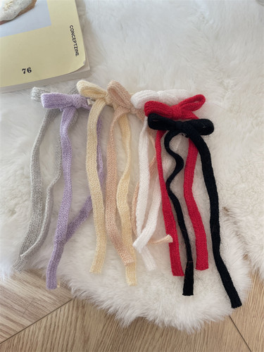 兔毛针织长丝带蝴蝶结边夹