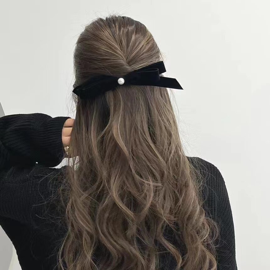 简约珍珠不对称蝴蝶结发夹边夹
