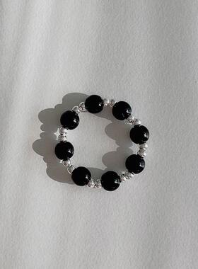 925银小珠子黑玛瑙珠串珠戒指