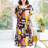 妈妈夏装 裙子 中老年女胖人碎花洋气新款 棉绸连衣裙大码 遮肚子短袖