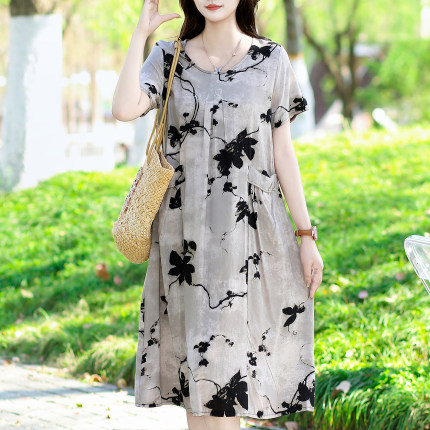 2025新款夏季高端棉绸连衣裙女大码气质碎花中长外穿绵绸大摆裙子
