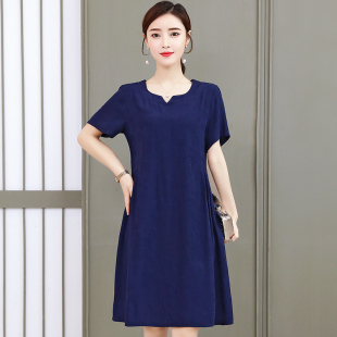 2023新款 宽松白色裙子 年轻妈妈纯棉绸连衣裙v领中年夏天纯色大码